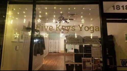the entrance to our yoga studio in the evening