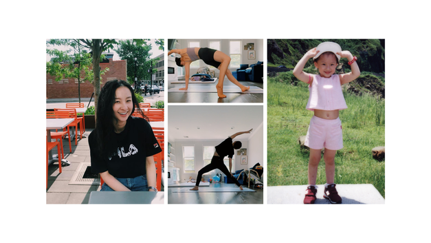 A collage of photos of Chicago Yoga Instructor, Sherry Hsu sitting at a coffee shop, doing wild thing and reversed warrior poses, and as a little girl
